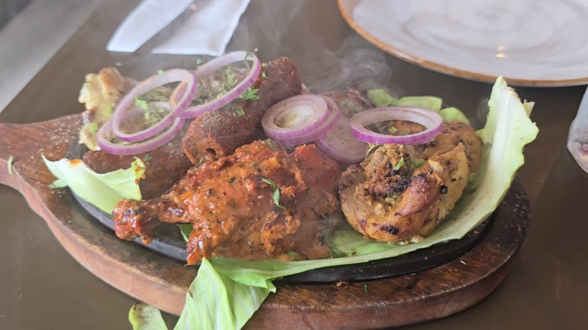 The non-veg platter on a sizzling plate